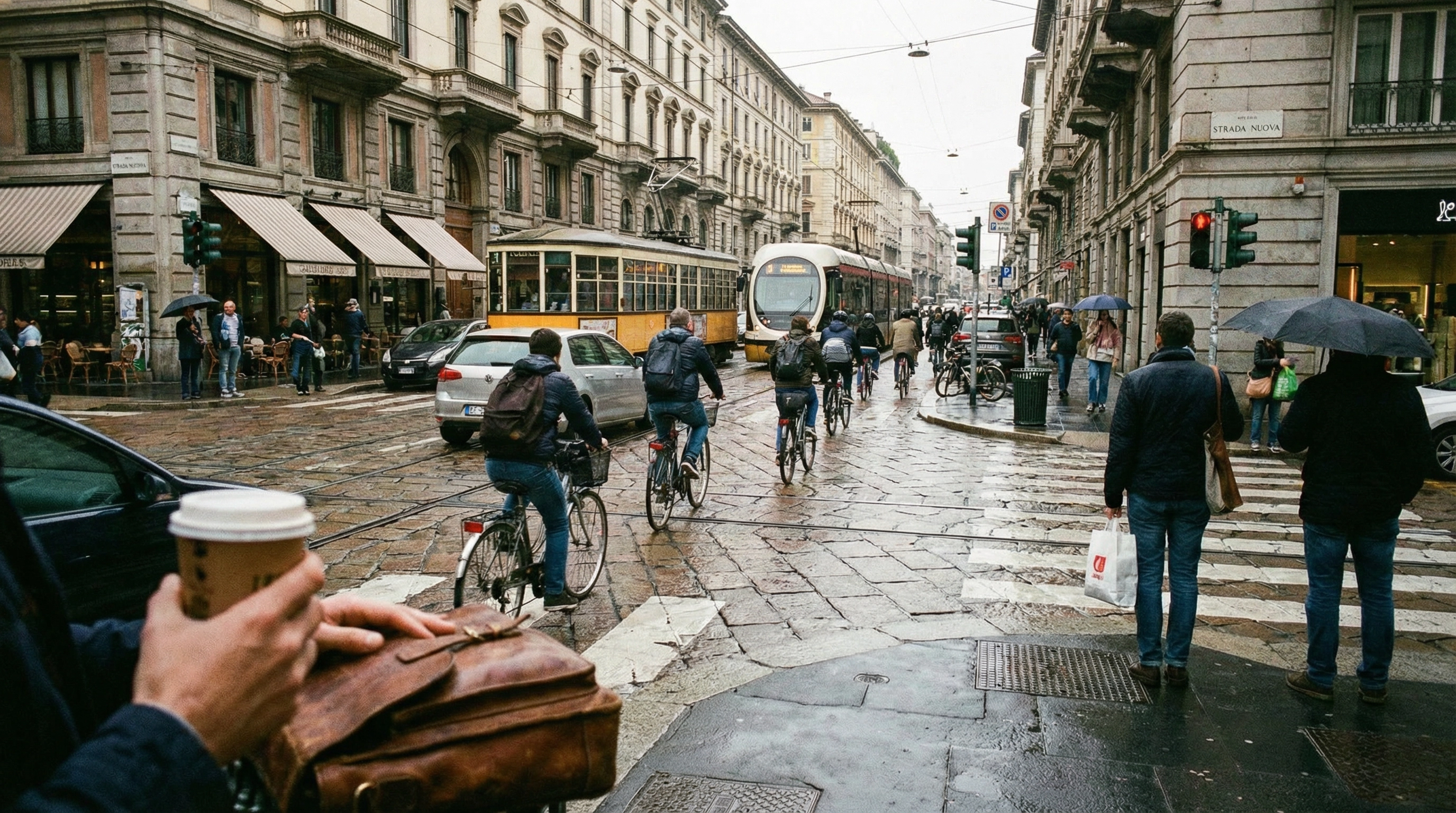 First-person perspective of a busy European intersection